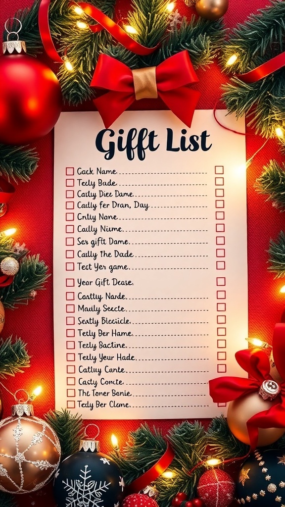 Christmas Gift List Template A Christmas gift list template with names and gift ideas on a festive background.